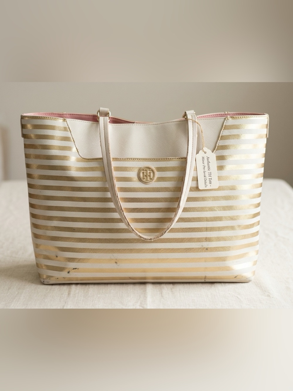 Tommy Hilfiger Striped Tote in White & Gold